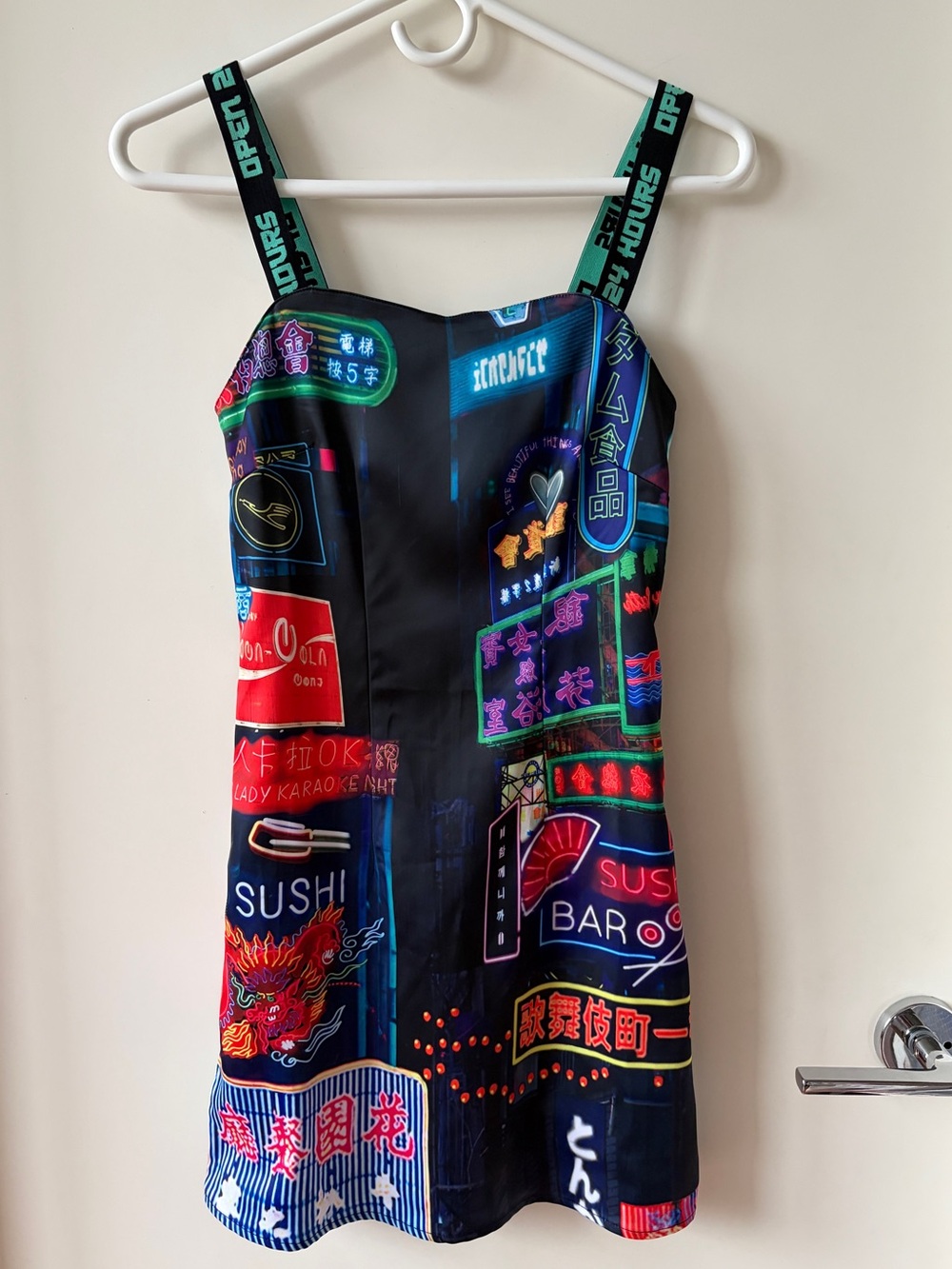 Current Mood Neon Sign Print Mini Dress with Teal Straps